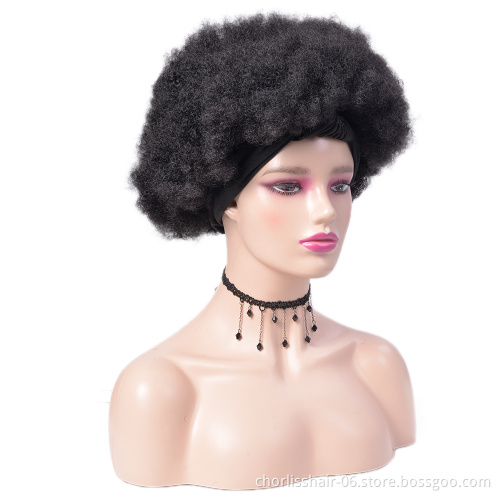 Wholesale Cheap Black Ombre Fluffy Afro Turban Short Kinky Curly Headband Wigs Synthetic Wigs With Headband Attached For Women